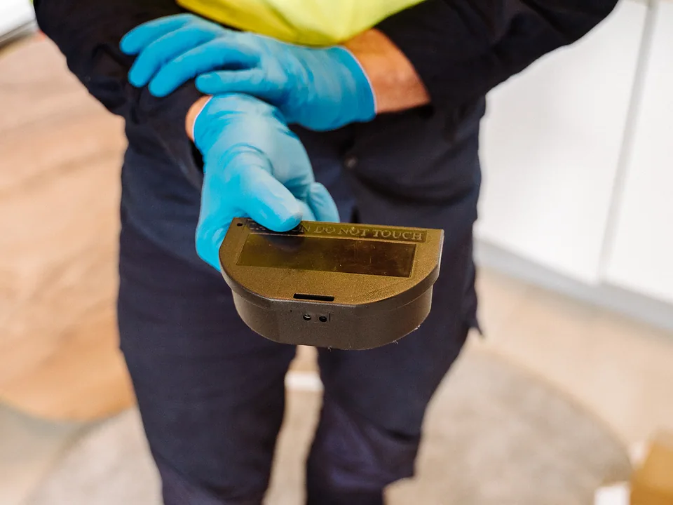 Technician placing a lockable rodent bait station against a wall