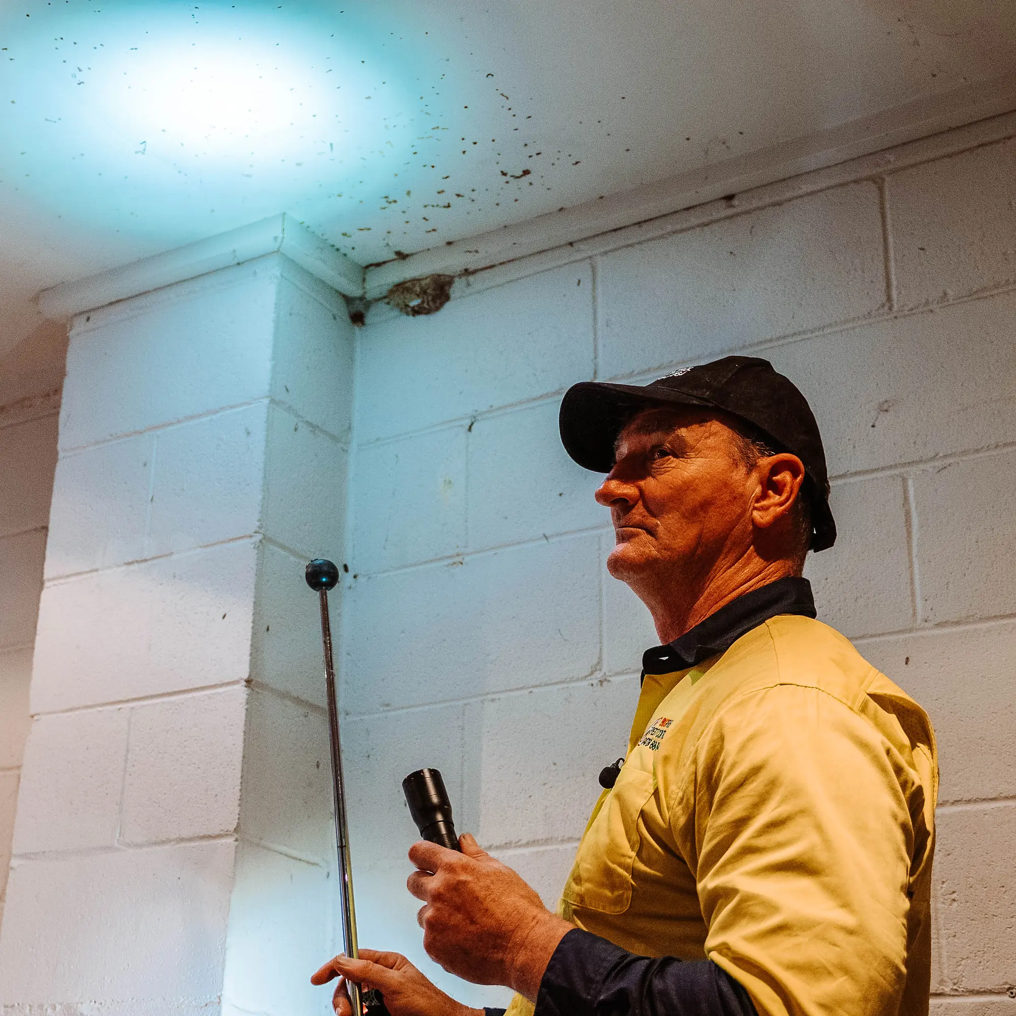 Bug Free technician inspecting a wall cavity with a torch