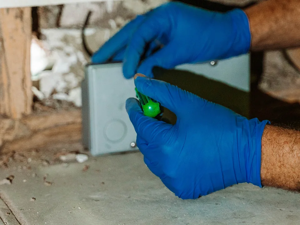 Technician installing a termite monitoring station at the base of a wall