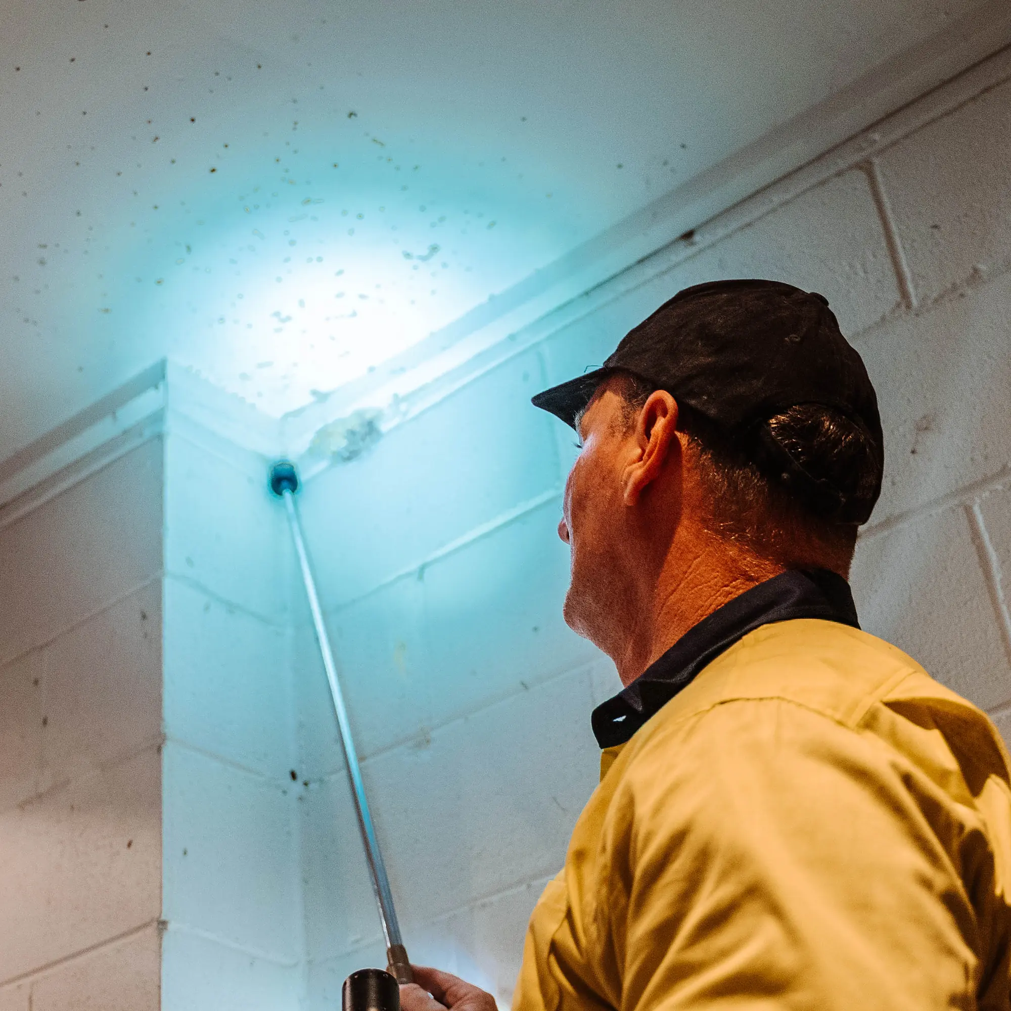 Technician inspecting a wall cavity under torch and UV light